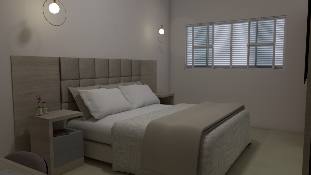 Projeto 3D de quarto de casal com cabeceira estofada