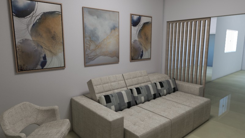 Projeto 3D de sala de estar com quadros e sofá retrátil