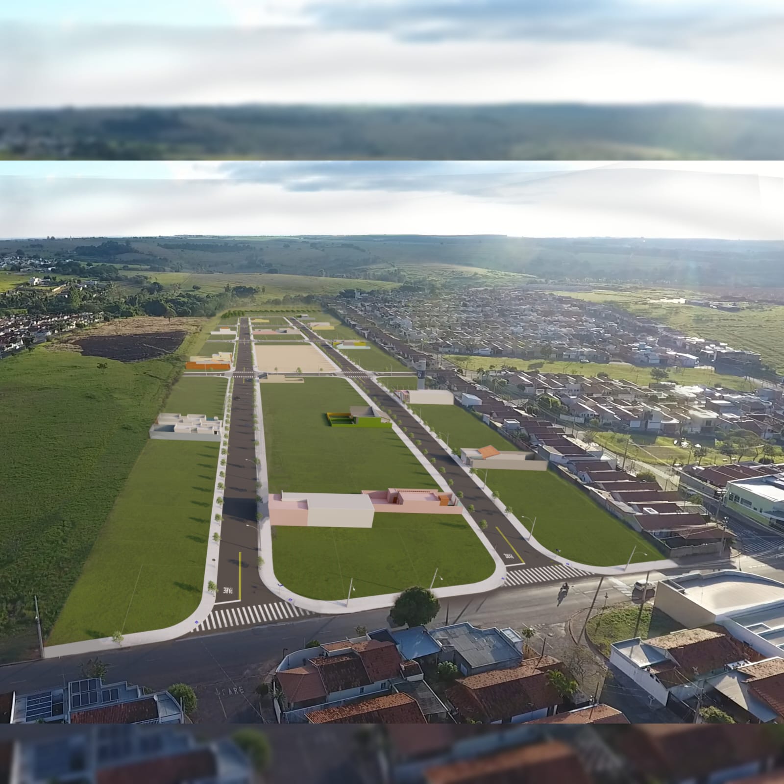 Estudo 3D de loteamento com praça e vias