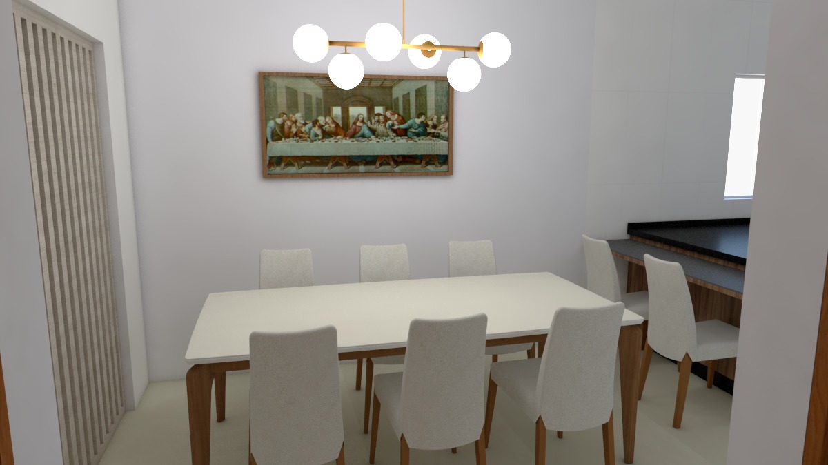 Projeto 3D de sala de jantar com mesa para oito lugares